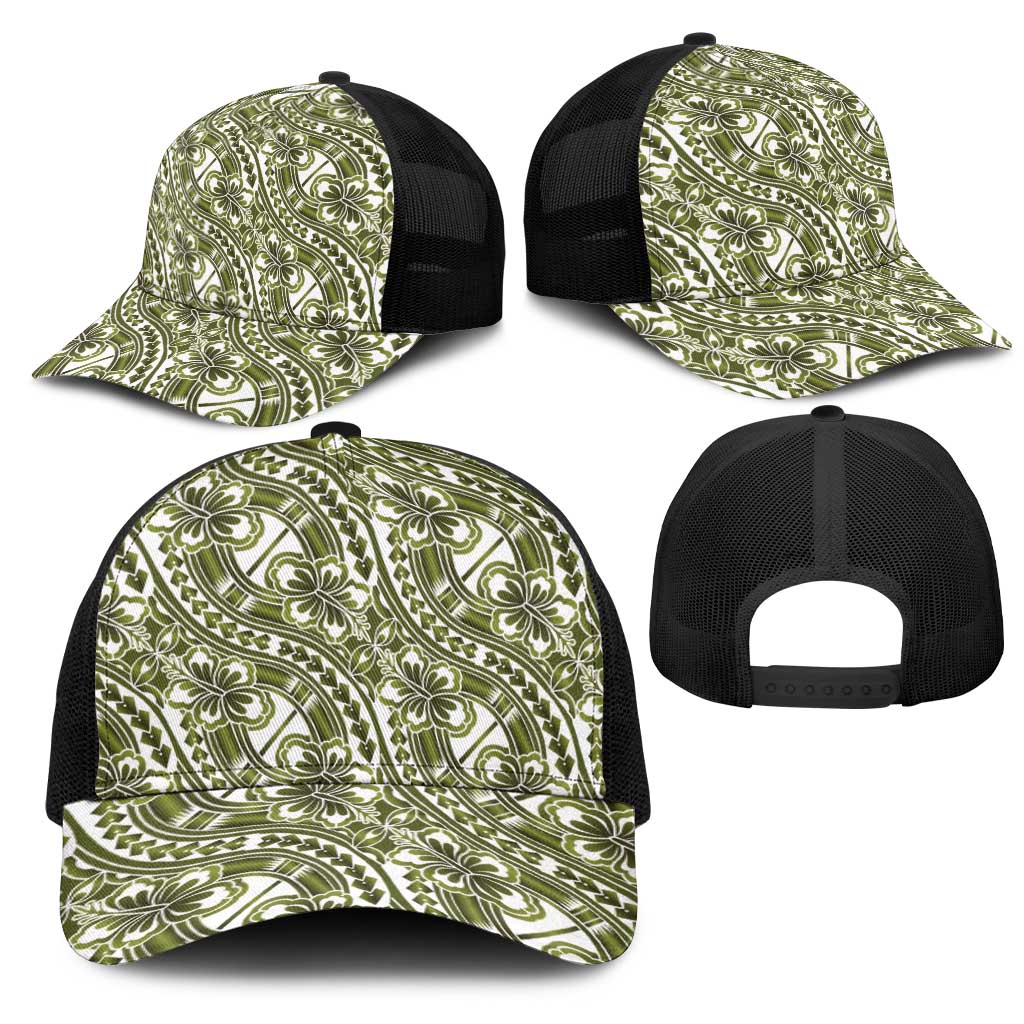 Hibiscus Bloom Island Tribal Waves Mesh Trucker Cap Olive Green Polynesian Pattern