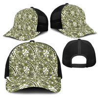 Hibiscus Bloom Island Tribal Waves Mesh Trucker Cap Olive Green Polynesian Pattern