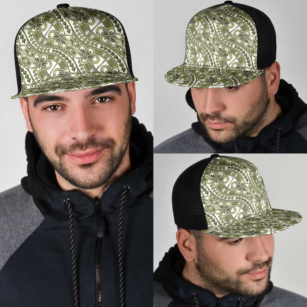 Hibiscus Bloom Island Tribal Waves Mesh Trucker Cap Olive Green Polynesian Pattern