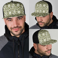 Hibiscus Bloom Island Tribal Waves Mesh Trucker Cap Olive Green Polynesian Pattern