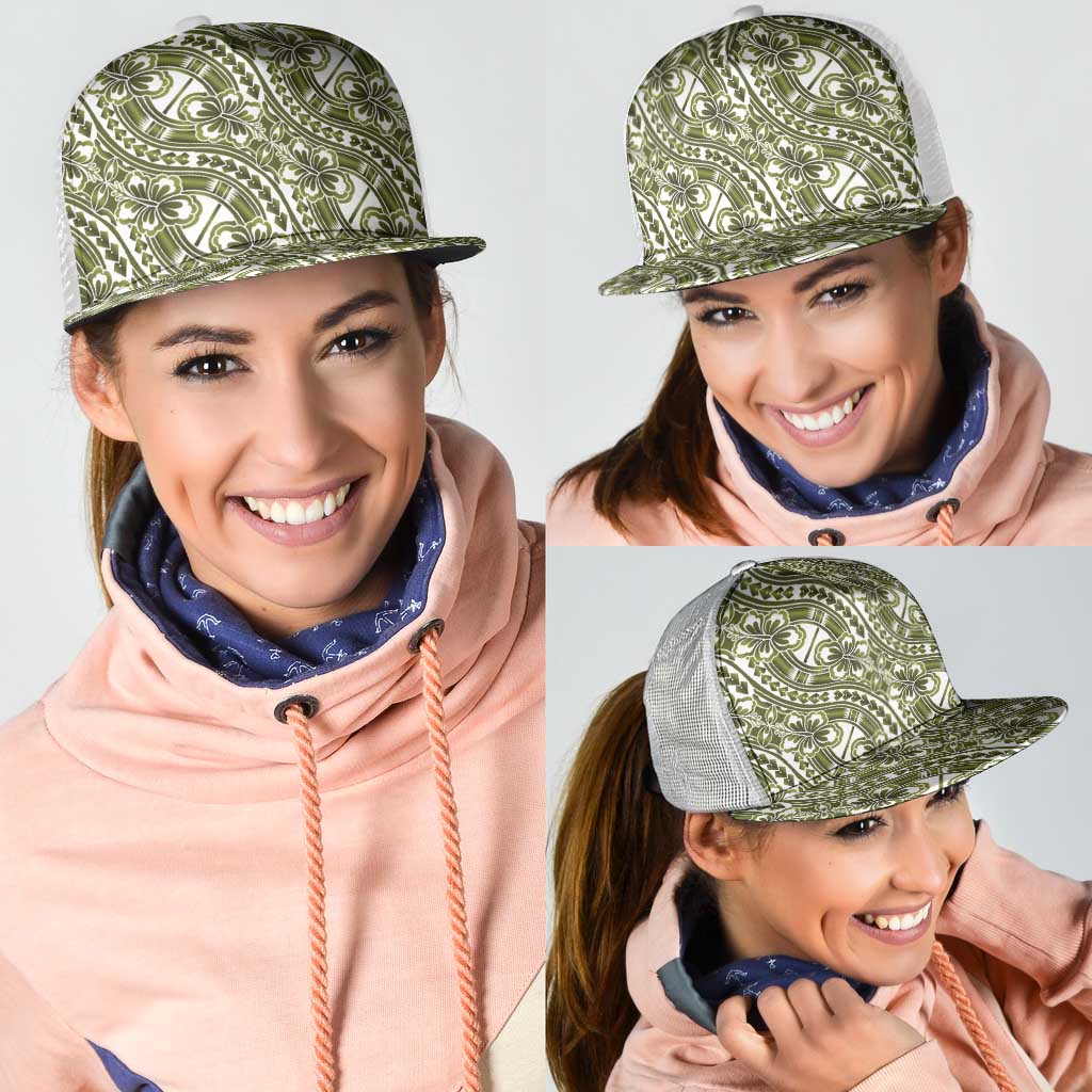 Hibiscus Bloom Island Tribal Waves Mesh Trucker Cap Olive Green Polynesian Pattern