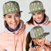 Hibiscus Bloom Island Tribal Waves Mesh Trucker Cap Olive Green Polynesian Pattern