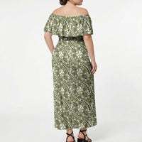 Hibiscus Bloom Island Tribal Waves Off Shoulder Maxi Dress Olive Green Polynesian Pattern LT01 - Polynesian Pride