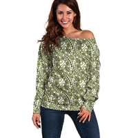 Hibiscus Bloom Island Tribal Waves Off Shoulder Sweater Olive Green Polynesian Pattern