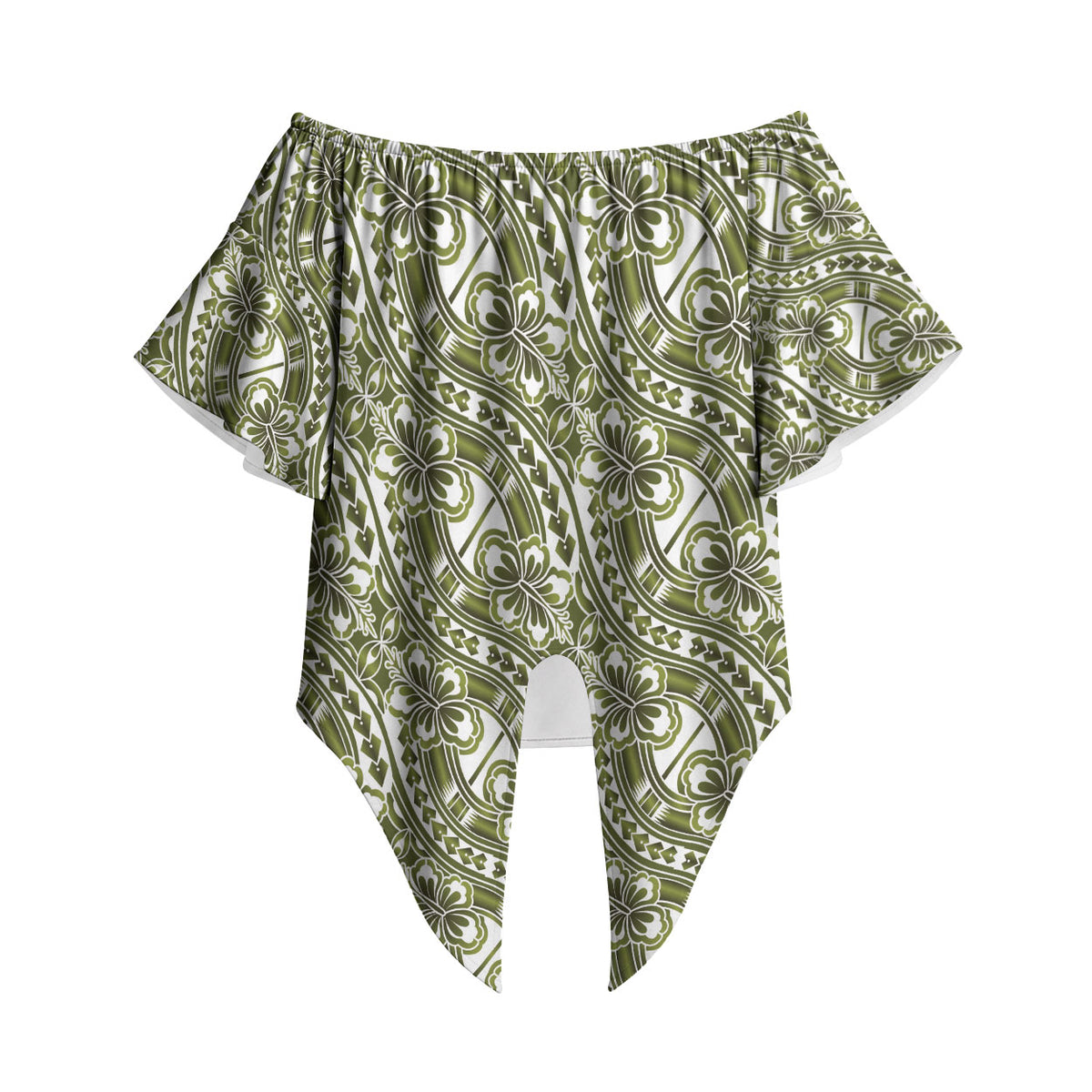Hibiscus Bloom Island Tribal Waves Off Shoulder Wrap Waist Top Olive Green Polynesian Pattern LT01 - Polynesian Pride