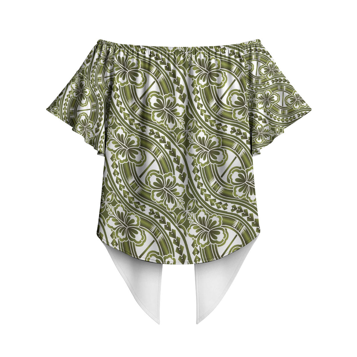 Hibiscus Bloom Island Tribal Waves Off Shoulder Wrap Waist Top Olive Green Polynesian Pattern LT01 - Polynesian Pride