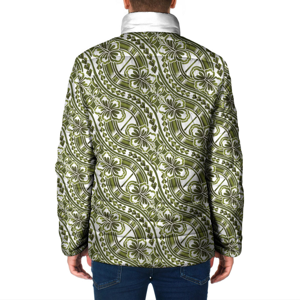 Hibiscus Bloom Island Tribal Waves Padded Jacket Olive Green Polynesian Pattern LT01 - Polynesian Pride