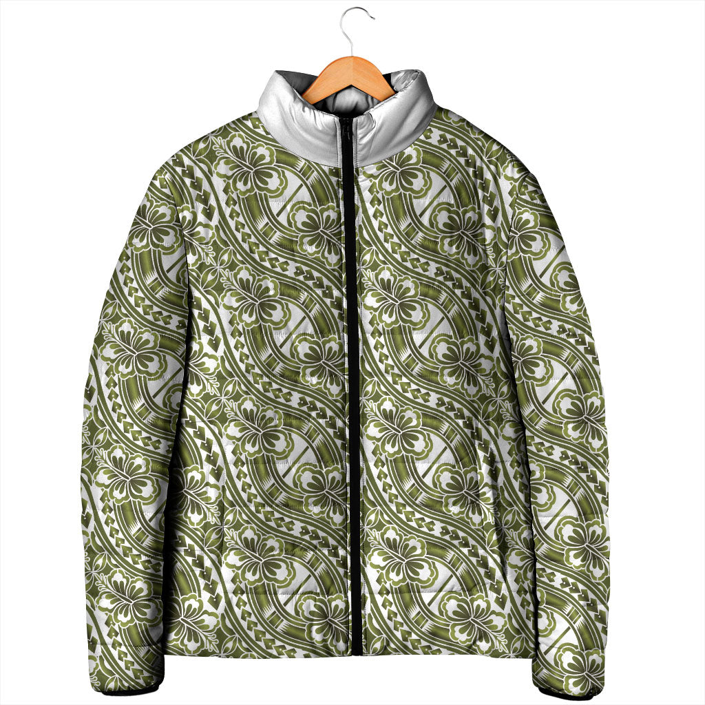 Hibiscus Bloom Island Tribal Waves Padded Jacket Olive Green Polynesian Pattern LT01 - Polynesian Pride