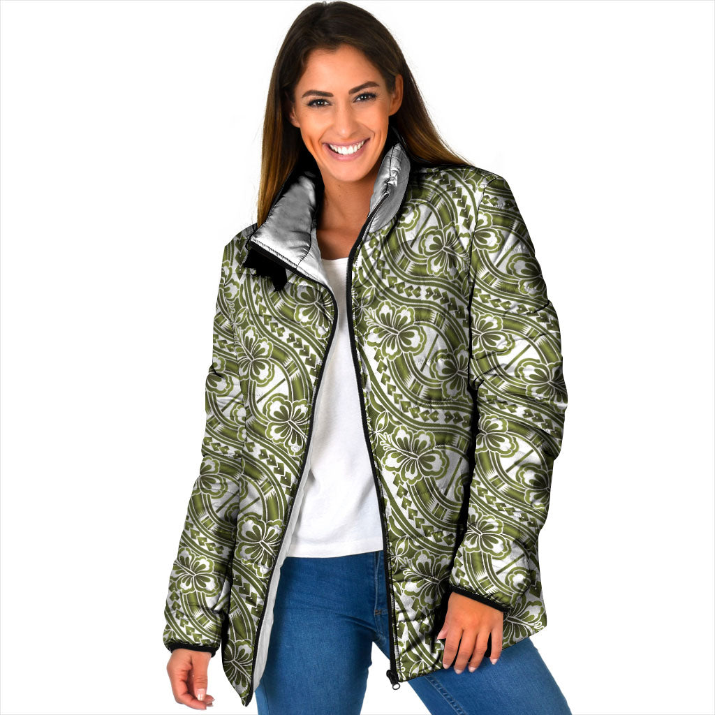 Hibiscus Bloom Island Tribal Waves Padded Jacket Olive Green Polynesian Pattern LT01 Women Olive Green - Polynesian Pride