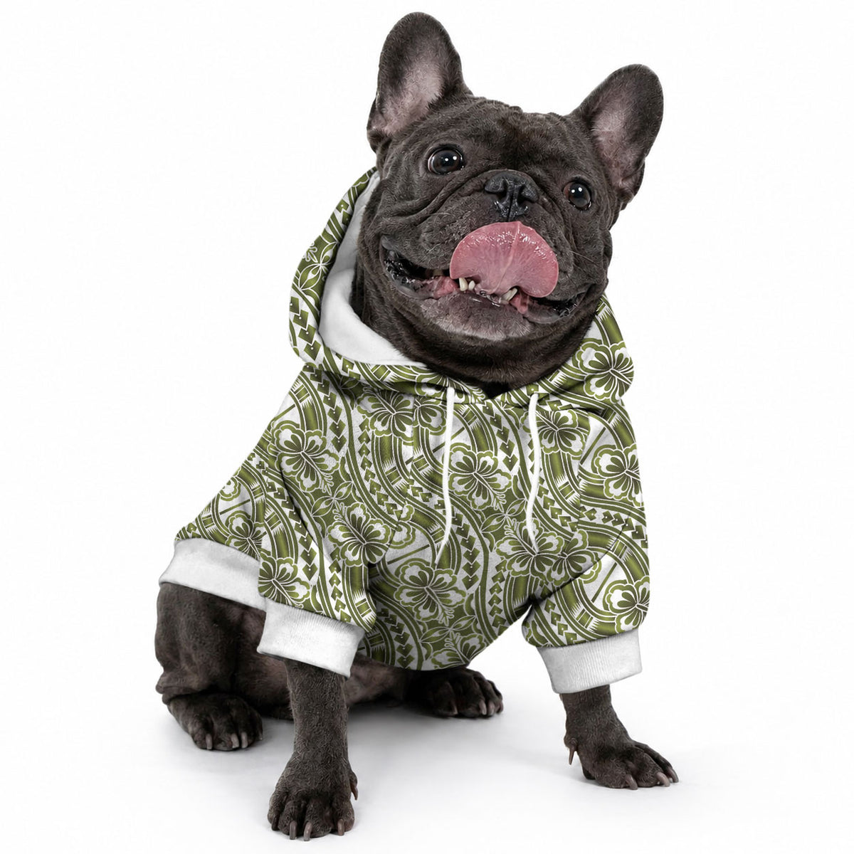 Hibiscus Bloom Island Tribal Waves Pet Hoodie Olive Green Polynesian Pattern