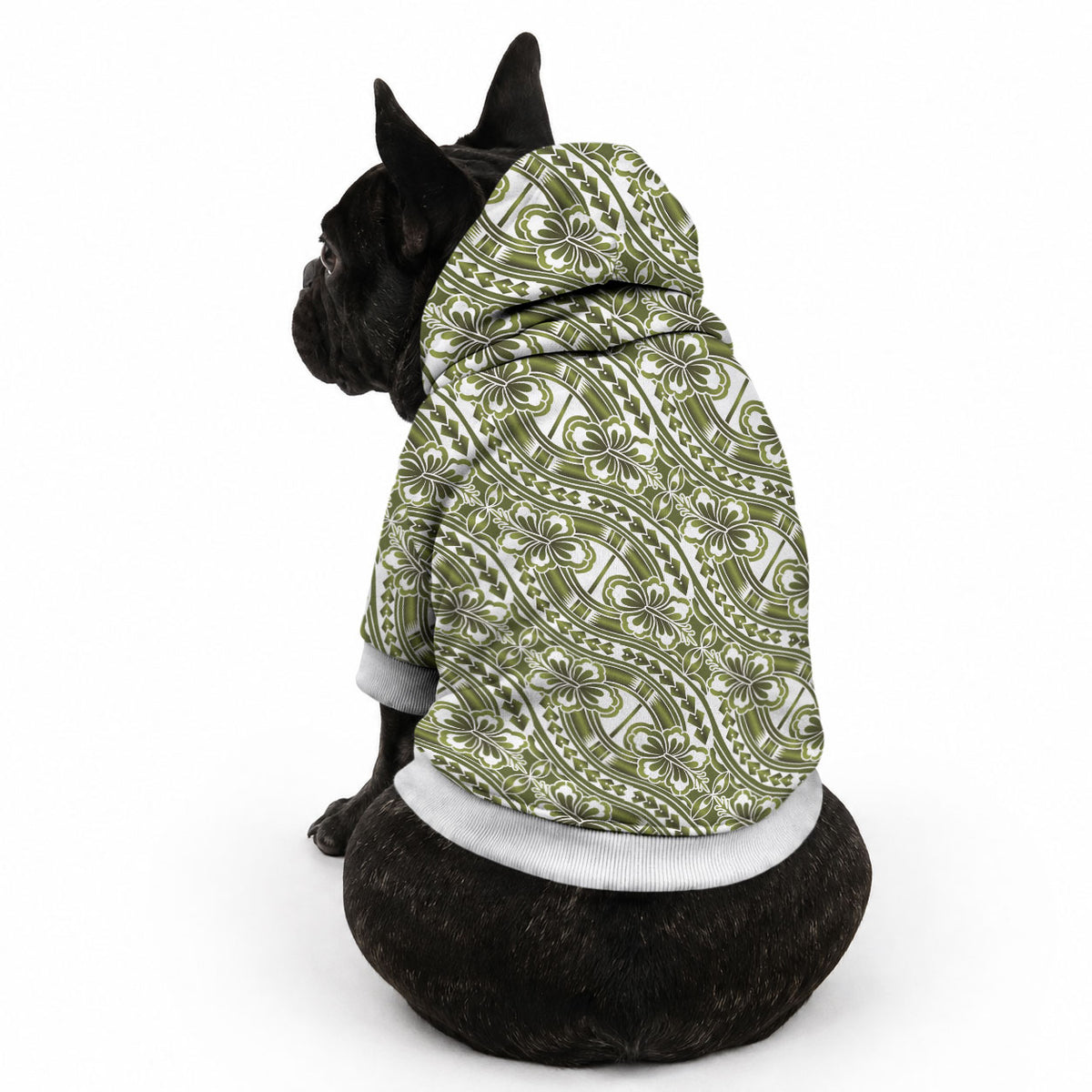 Hibiscus Bloom Island Tribal Waves Pet Hoodie Olive Green Polynesian Pattern