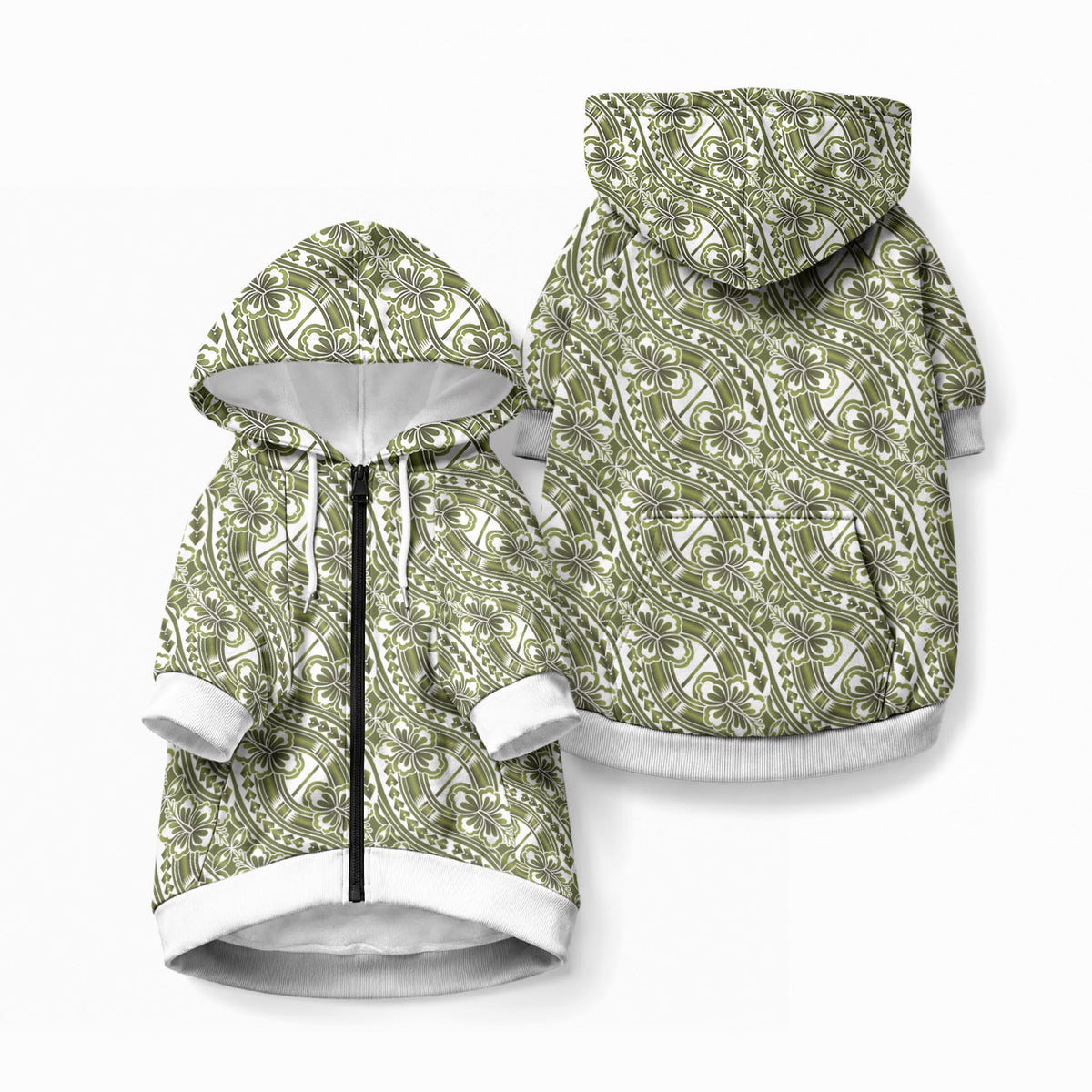 Hibiscus Bloom Island Tribal Waves Pet Hoodie Olive Green Polynesian Pattern