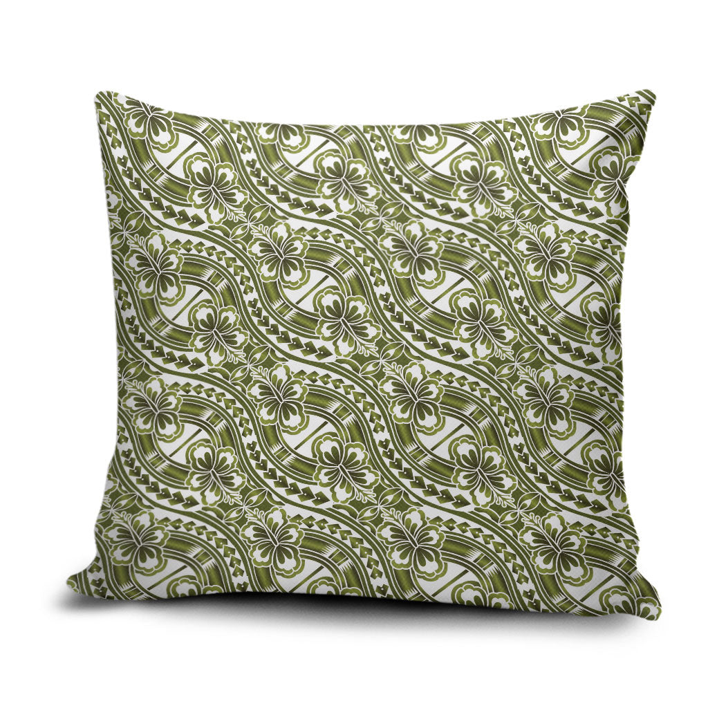 Hibiscus Bloom Island Tribal Waves Pillow Cover Olive Green Polynesian Pattern