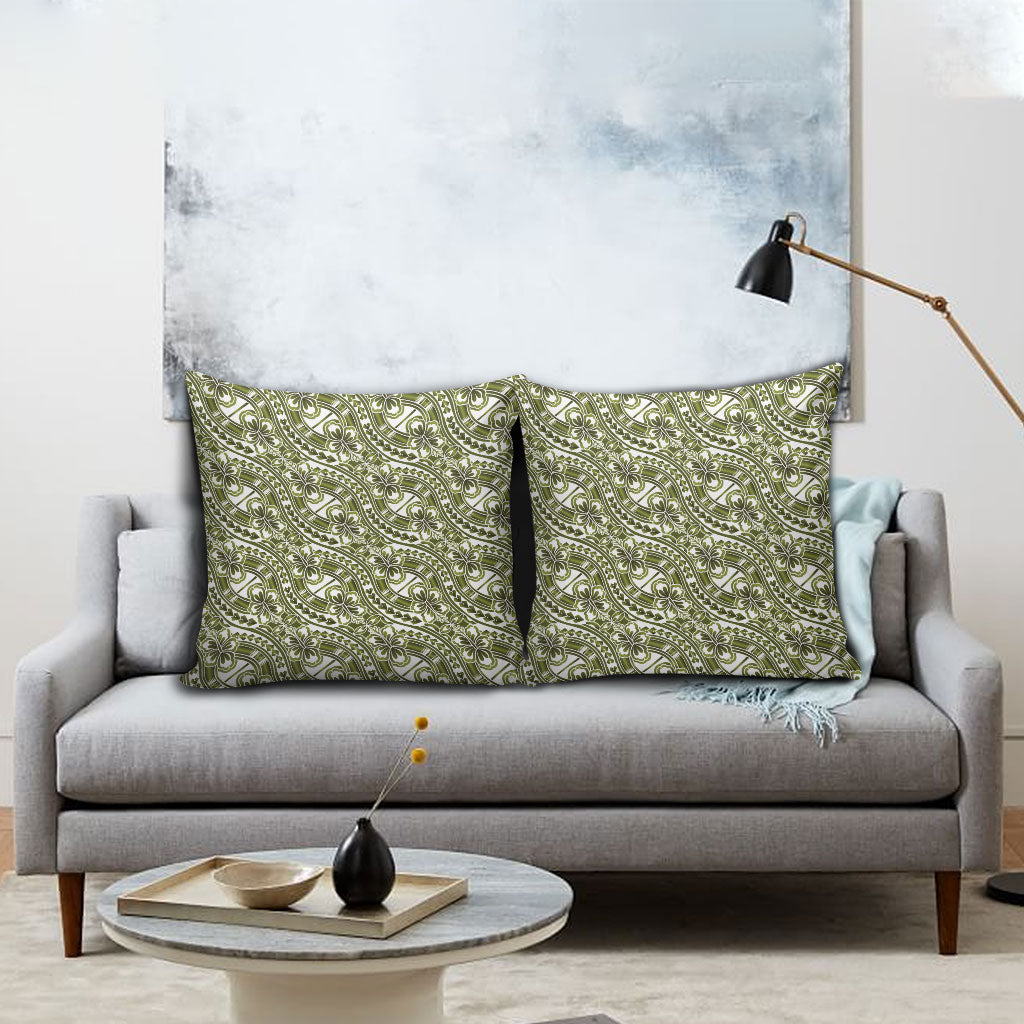 Hibiscus Bloom Island Tribal Waves Pillow Cover Olive Green Polynesian Pattern