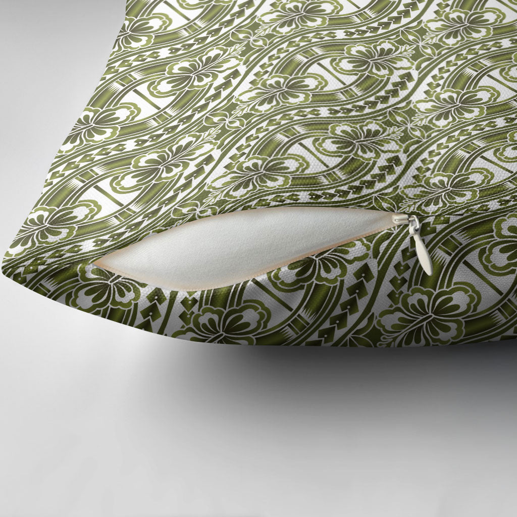 Hibiscus Bloom Island Tribal Waves Pillow Cover Olive Green Polynesian Pattern