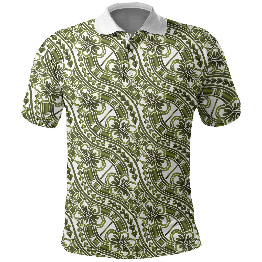 Hibiscus Bloom Island Tribal Waves Polo Shirt Olive Green Polynesian Pattern