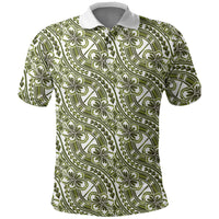 Hibiscus Bloom Island Tribal Waves Polo Shirt Olive Green Polynesian Pattern