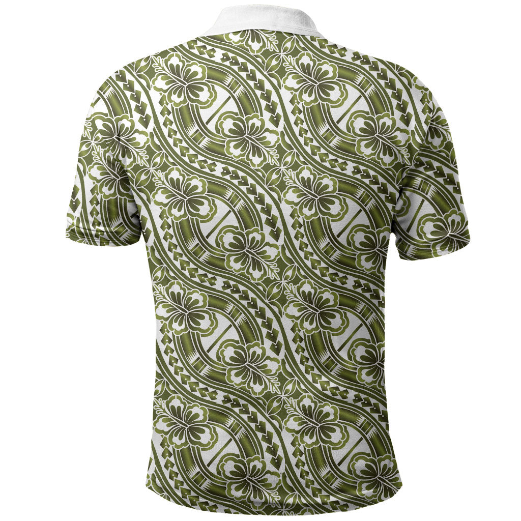 Hibiscus Bloom Island Tribal Waves Polo Shirt Olive Green Polynesian Pattern