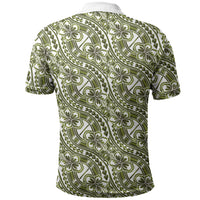 Hibiscus Bloom Island Tribal Waves Polo Shirt Olive Green Polynesian Pattern