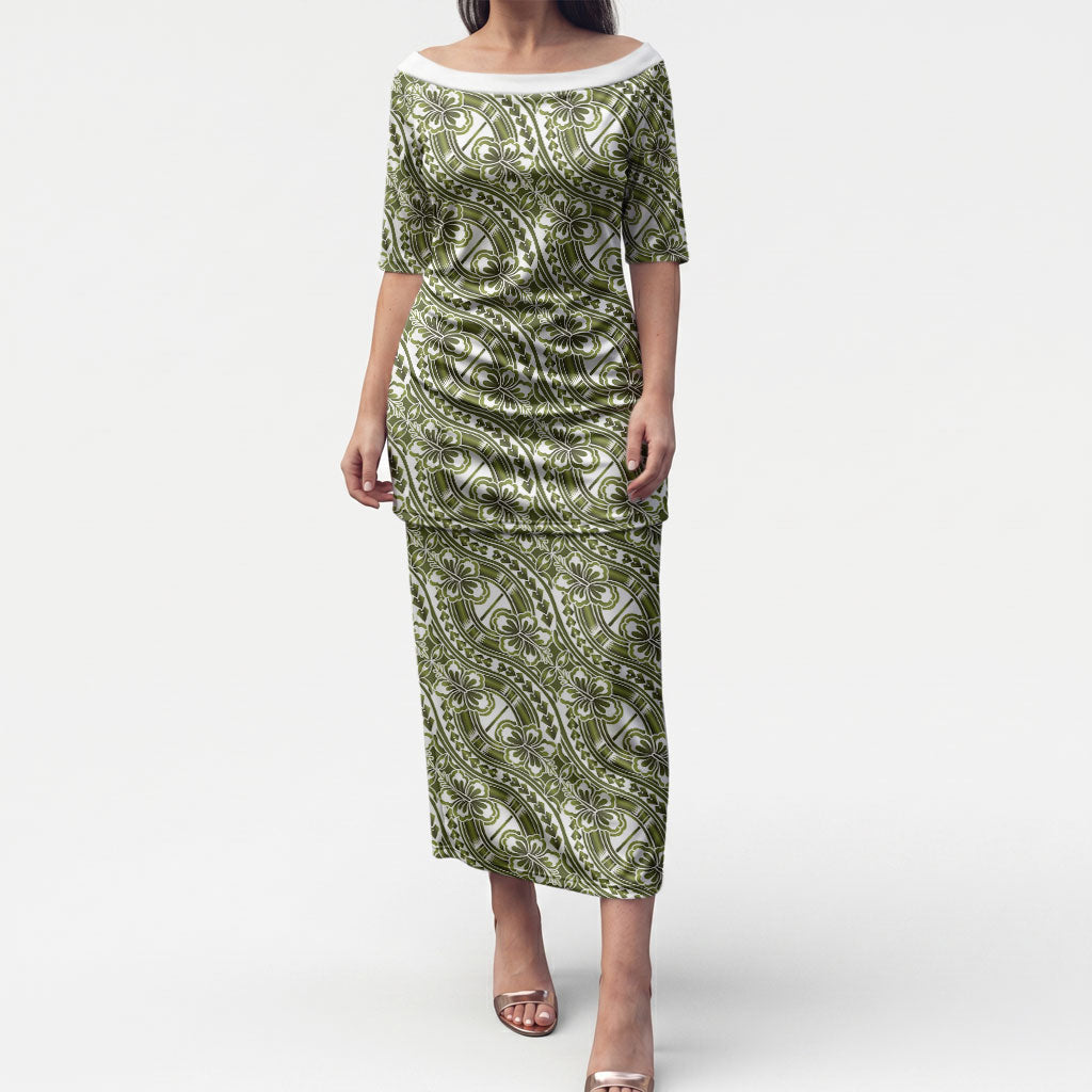 Hibiscus Bloom Island Tribal Waves Puletasi Olive Green Polynesian Pattern LT01 Long Dress Olive Green - Polynesian Pride