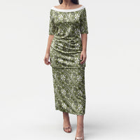 Hibiscus Bloom Island Tribal Waves Puletasi Olive Green Polynesian Pattern LT01 Long Dress Olive Green - Polynesian Pride