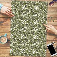 Hibiscus Bloom Island Tribal Waves Puzzle Olive Green Polynesian Pattern