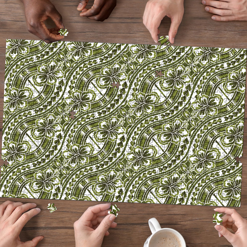 Hibiscus Bloom Island Tribal Waves Puzzle Olive Green Polynesian Pattern