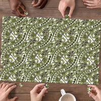 Hibiscus Bloom Island Tribal Waves Puzzle Olive Green Polynesian Pattern