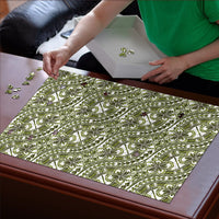 Hibiscus Bloom Island Tribal Waves Puzzle Olive Green Polynesian Pattern