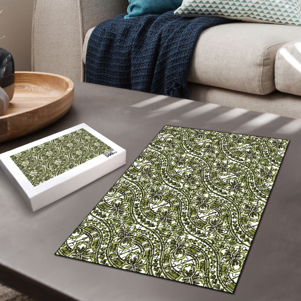 Hibiscus Bloom Island Tribal Waves Puzzle Olive Green Polynesian Pattern
