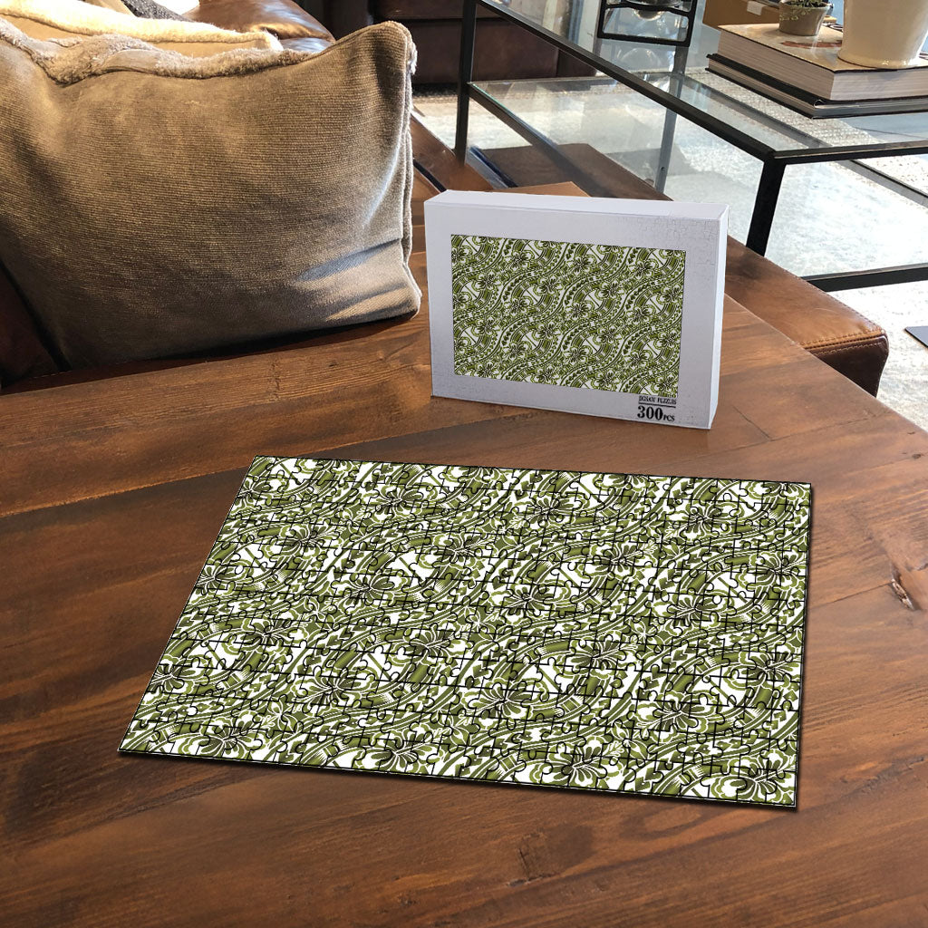 Hibiscus Bloom Island Tribal Waves Puzzle Olive Green Polynesian Pattern