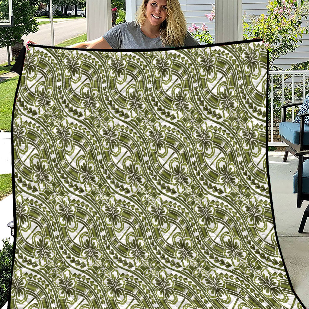 Hibiscus Bloom Island Tribal Waves Quilt Olive Green Polynesian Pattern