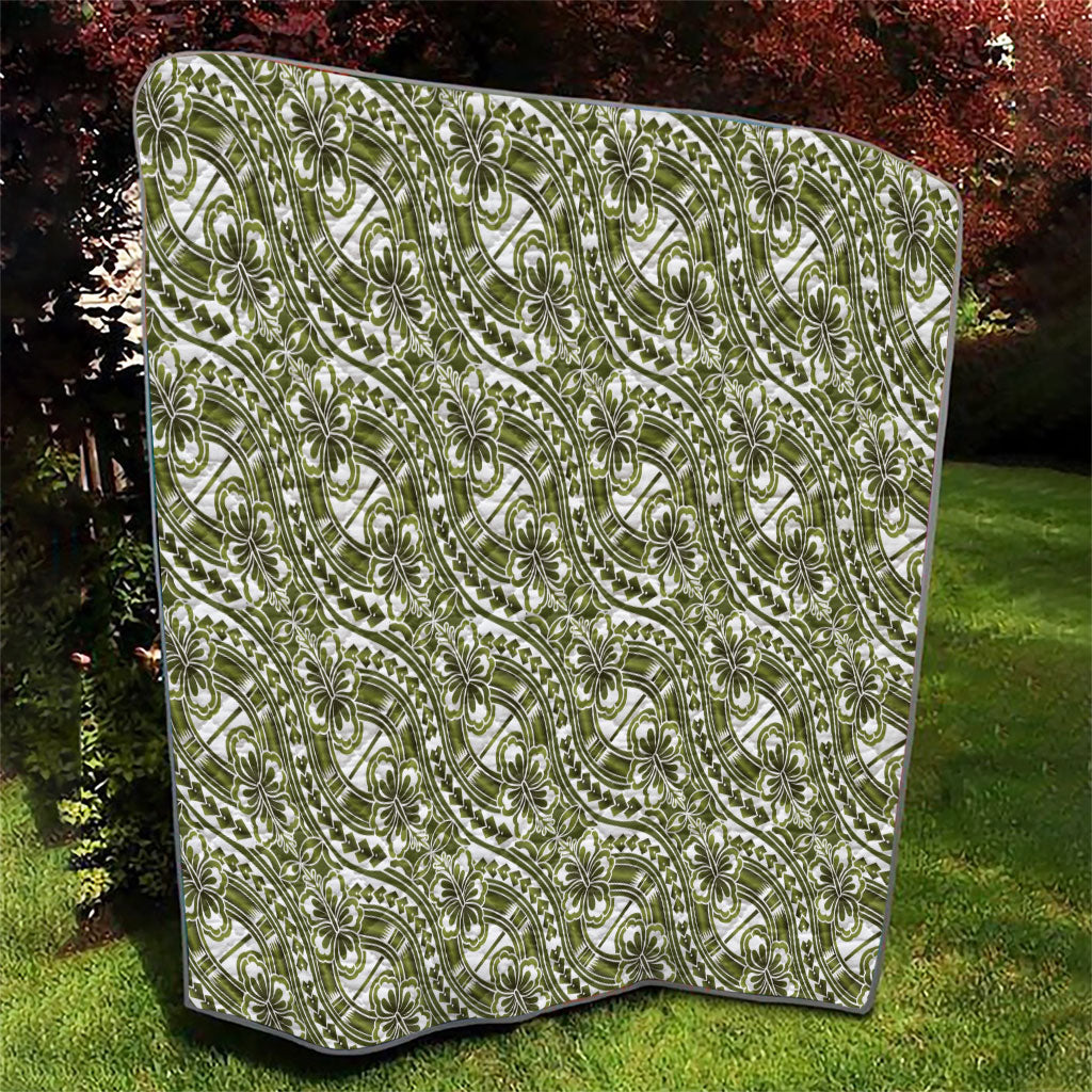 Hibiscus Bloom Island Tribal Waves Quilt Olive Green Polynesian Pattern