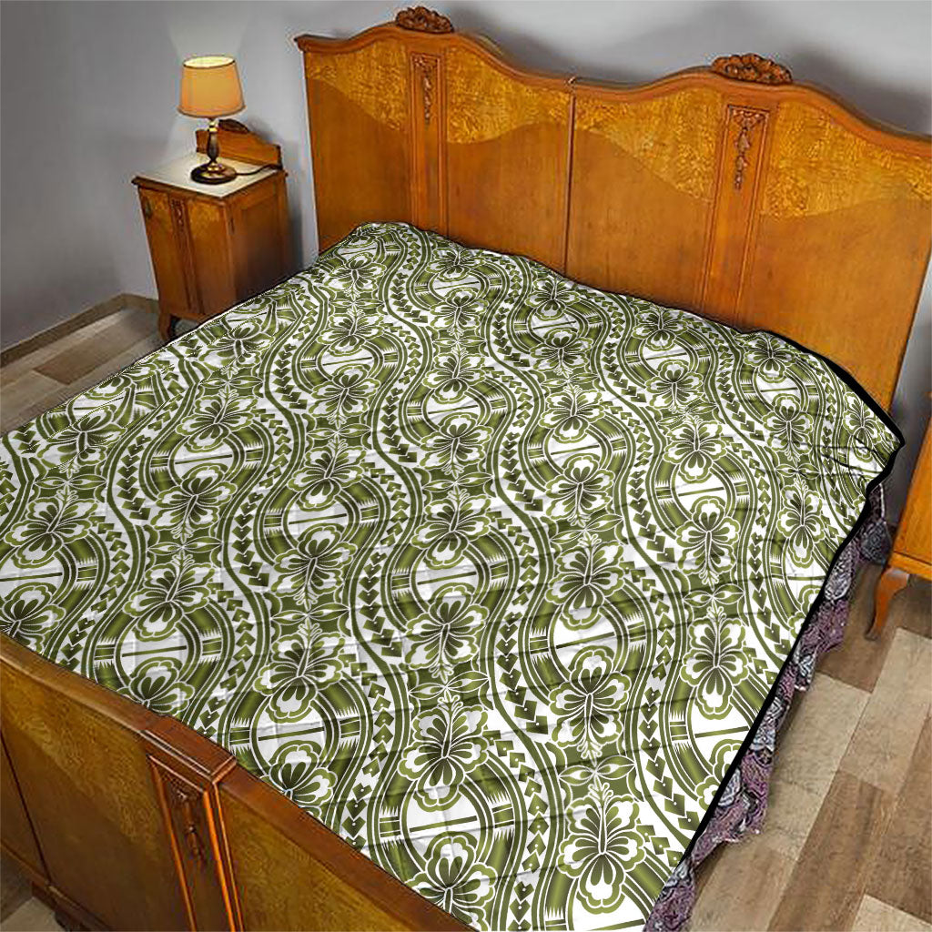 Hibiscus Bloom Island Tribal Waves Quilt Olive Green Polynesian Pattern