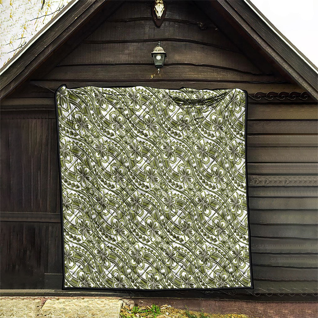 Hibiscus Bloom Island Tribal Waves Quilt Olive Green Polynesian Pattern