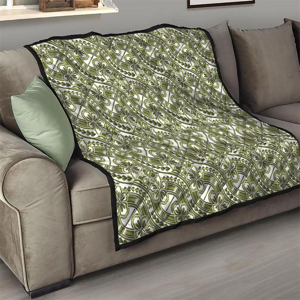 Hibiscus Bloom Island Tribal Waves Quilt Olive Green Polynesian Pattern