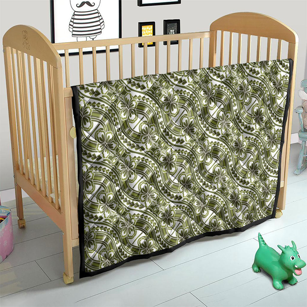 Hibiscus Bloom Island Tribal Waves Quilt Olive Green Polynesian Pattern