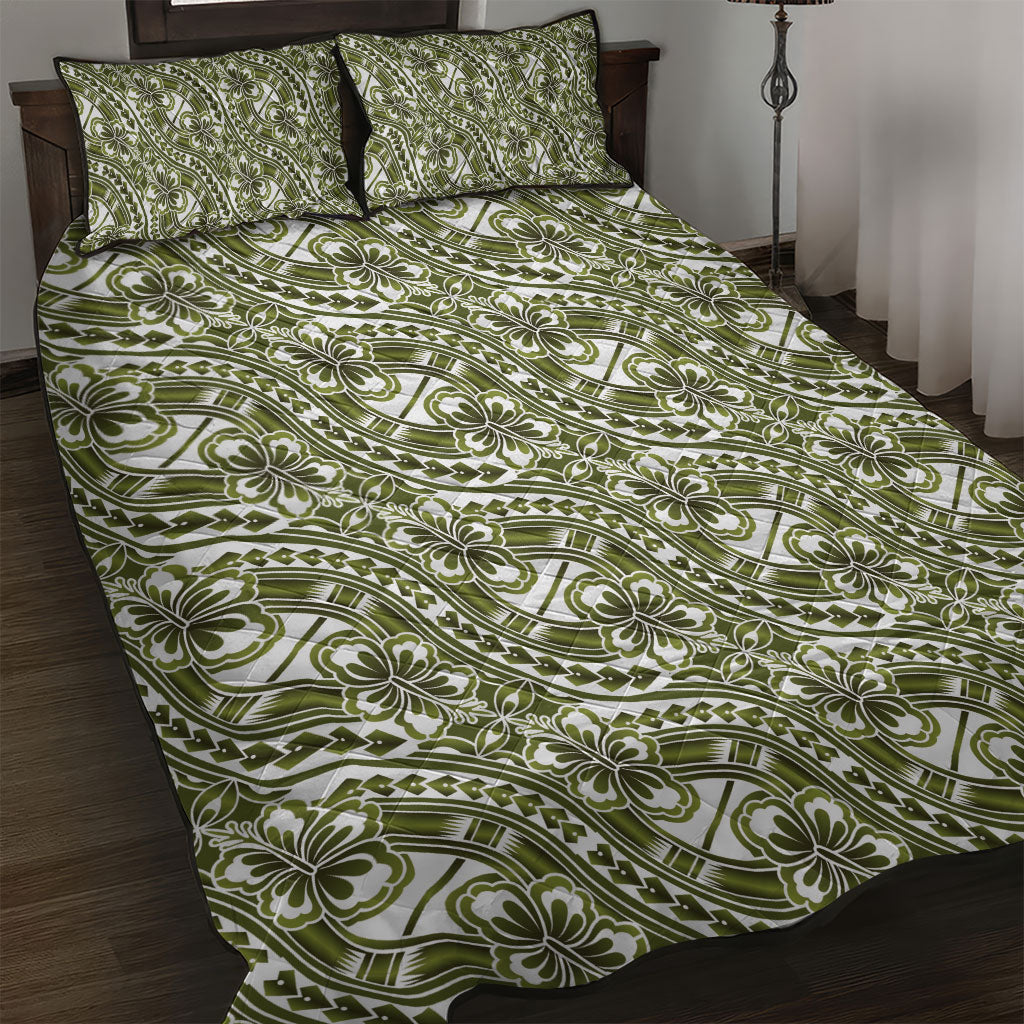 Hibiscus Bloom Island Tribal Waves Quilt Bed Set Olive Green Polynesian Pattern