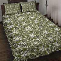 Hibiscus Bloom Island Tribal Waves Quilt Bed Set Olive Green Polynesian Pattern