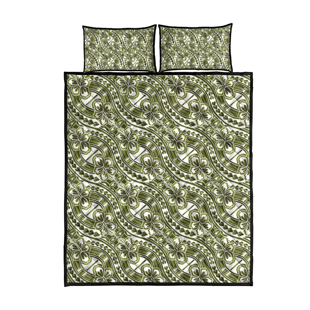 Hibiscus Bloom Island Tribal Waves Quilt Bed Set Olive Green Polynesian Pattern