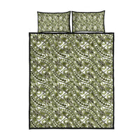 Hibiscus Bloom Island Tribal Waves Quilt Bed Set Olive Green Polynesian Pattern