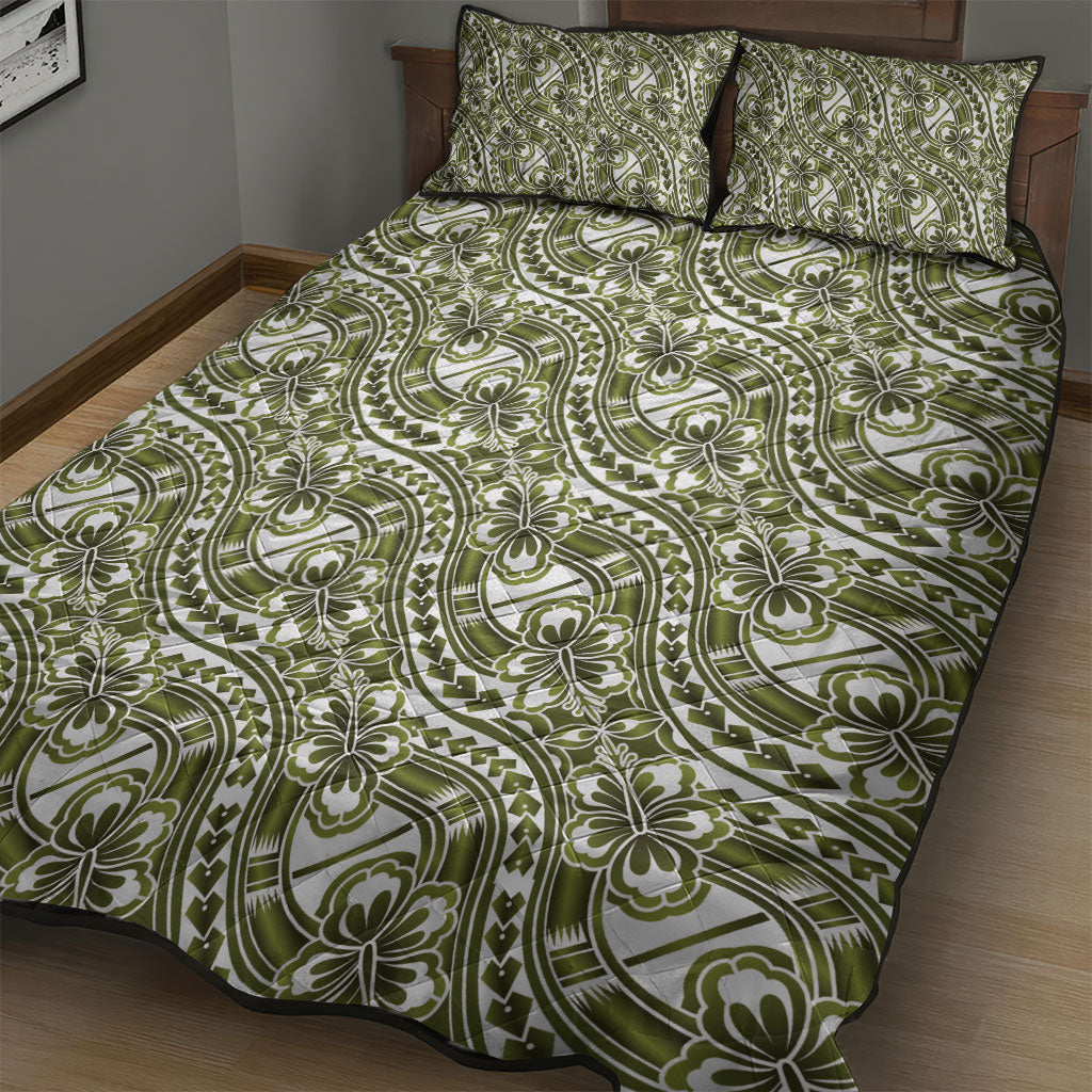 Hibiscus Bloom Island Tribal Waves Quilt Bed Set Olive Green Polynesian Pattern