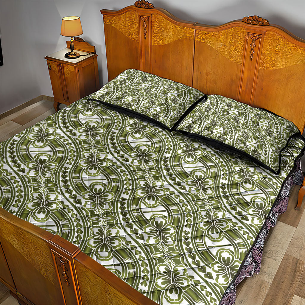 Hibiscus Bloom Island Tribal Waves Quilt Bed Set Olive Green Polynesian Pattern