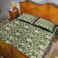 Hibiscus Bloom Island Tribal Waves Quilt Bed Set Olive Green Polynesian Pattern