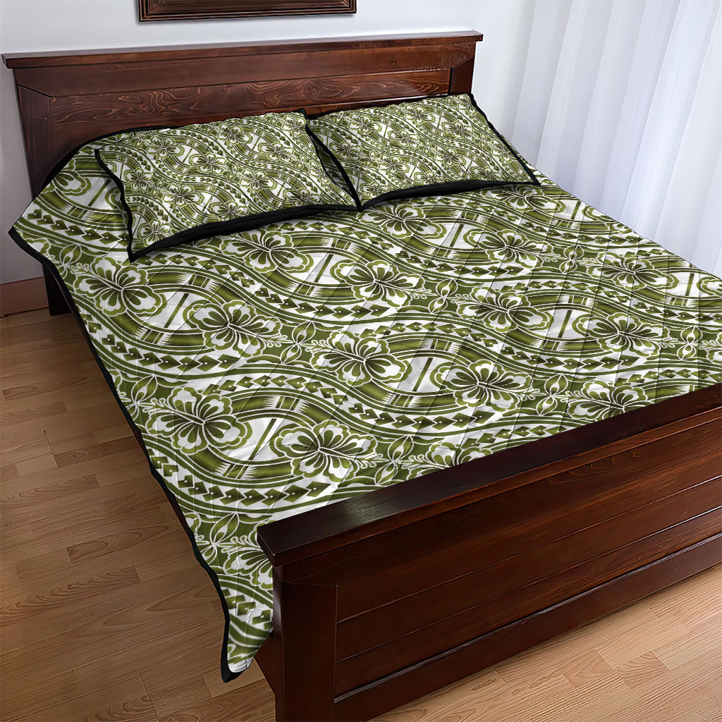 Hibiscus Bloom Island Tribal Waves Quilt Bed Set Olive Green Polynesian Pattern