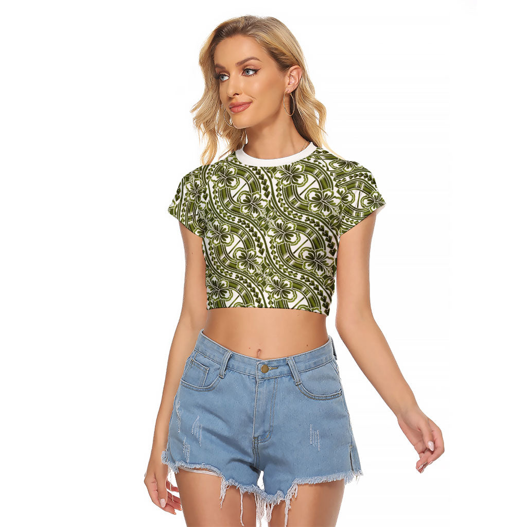 Hibiscus Bloom Island Tribal Waves Raglan Cropped T Shirt Olive Green Polynesian Pattern
