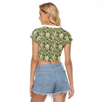 Hibiscus Bloom Island Tribal Waves Raglan Cropped T Shirt Olive Green Polynesian Pattern
