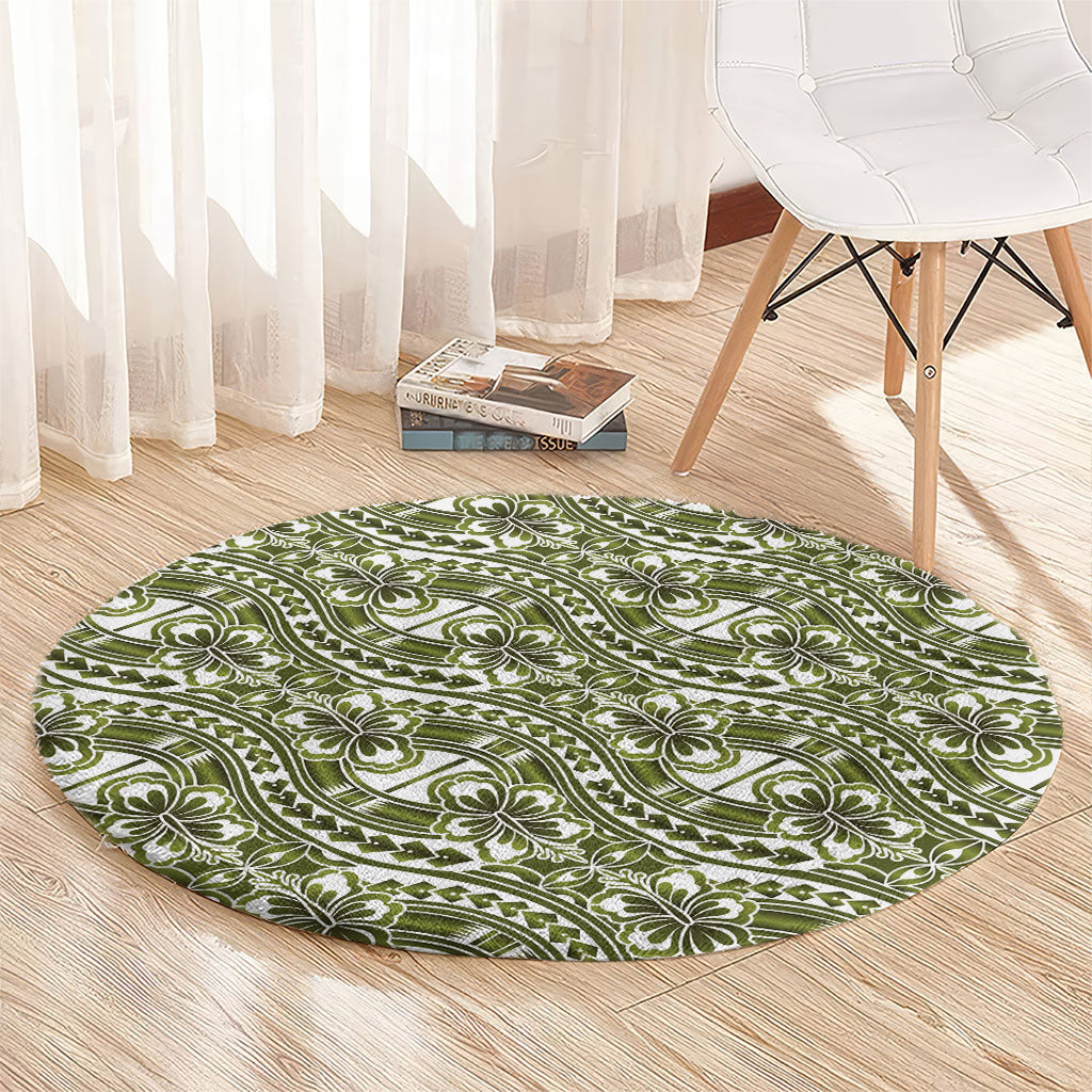 Hibiscus Bloom Island Tribal Waves Round Carpet Olive Green Polynesian Pattern LT01 - Polynesian Pride