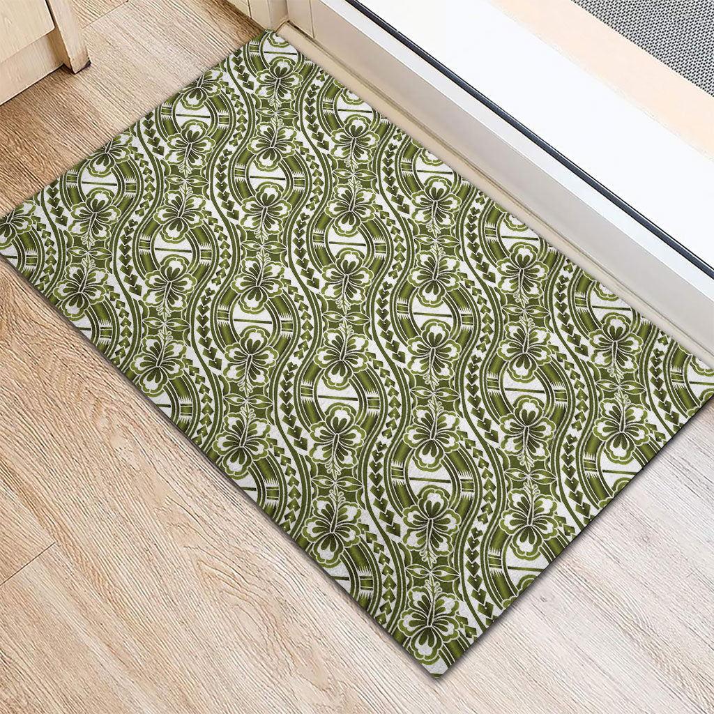 Hibiscus Bloom Island Tribal Waves Rubber Doormat Olive Green Polynesian Pattern LT01 - Polynesian Pride