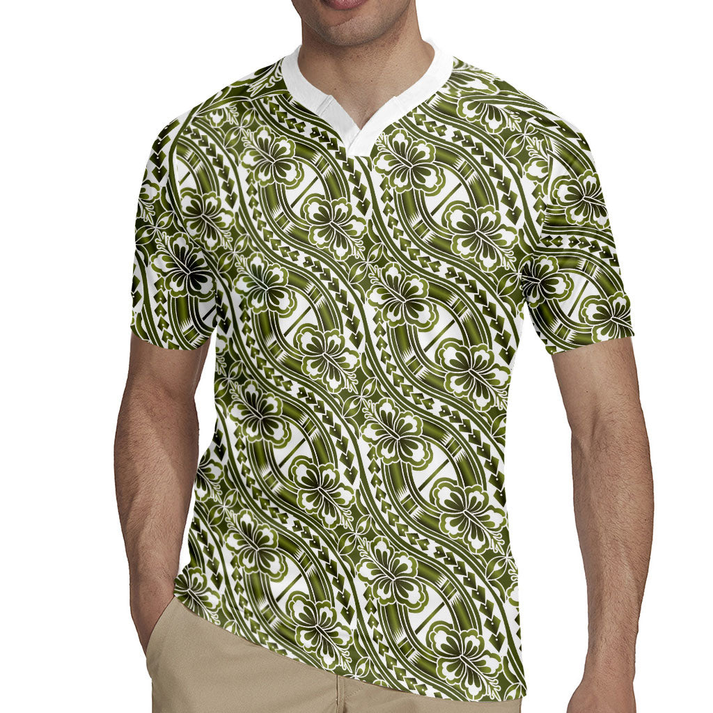 Hibiscus Bloom Island Tribal Waves Rugby Jersey Olive Green Polynesian Pattern LT01 - Polynesian Pride